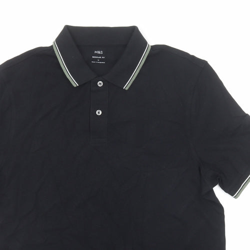Marks and Spencer Mens Black Cotton Polo Size M Collared Button