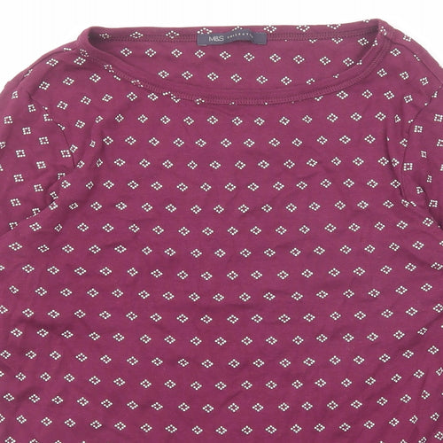 Marks and Spencer Womens Purple Geometric Cotton Basic T-Shirt Size 14 Round Neck