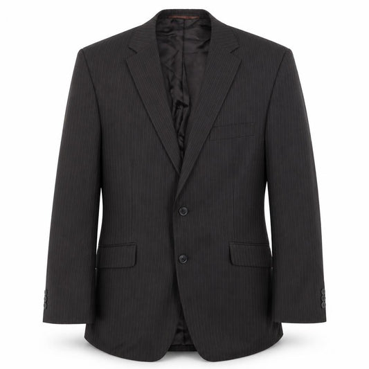 Front view of Burton men’s brown striped polyester jacket suit jacket, size 40, regular