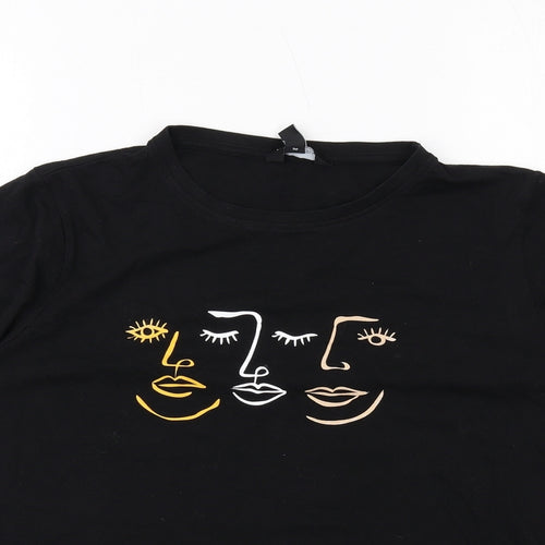 New Look Womens Black Cotton Basic T-Shirt Size 14 Round Neck - Face Print