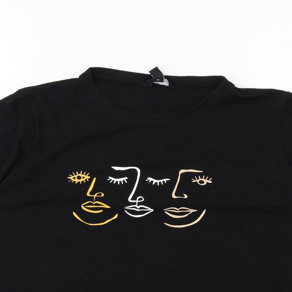 New Look Womens Black Cotton Basic T-Shirt Size 14 Round Neck - Face Print