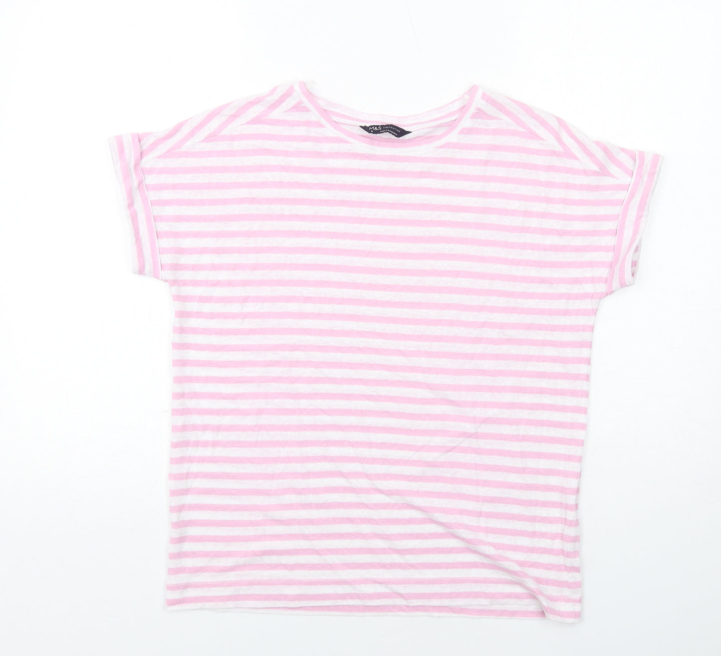 Marks and Spencer Womens Pink Striped Cotton Basic T-Shirt Size 10 Round Neck