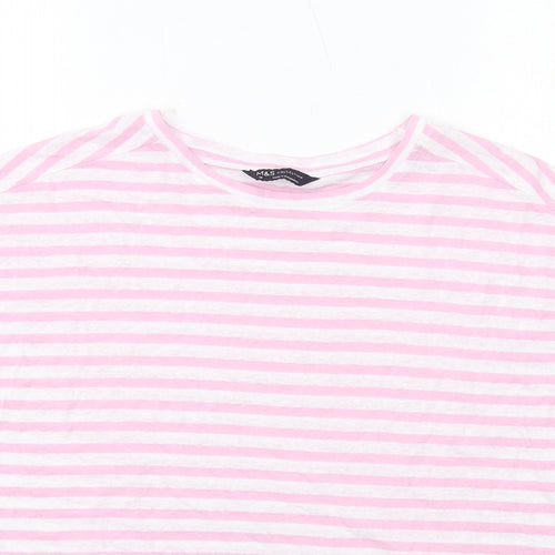 Marks and Spencer Womens Pink Striped Cotton Basic T-Shirt Size 10 Round Neck