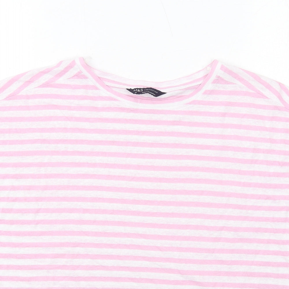 Marks and Spencer Womens Pink Striped Cotton Basic T-Shirt Size 10 Round Neck