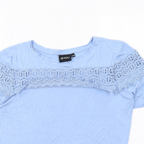 Be You Womens Blue Viscose Basic T-Shirt Size 12 Round Neck - Broderie Anglaise