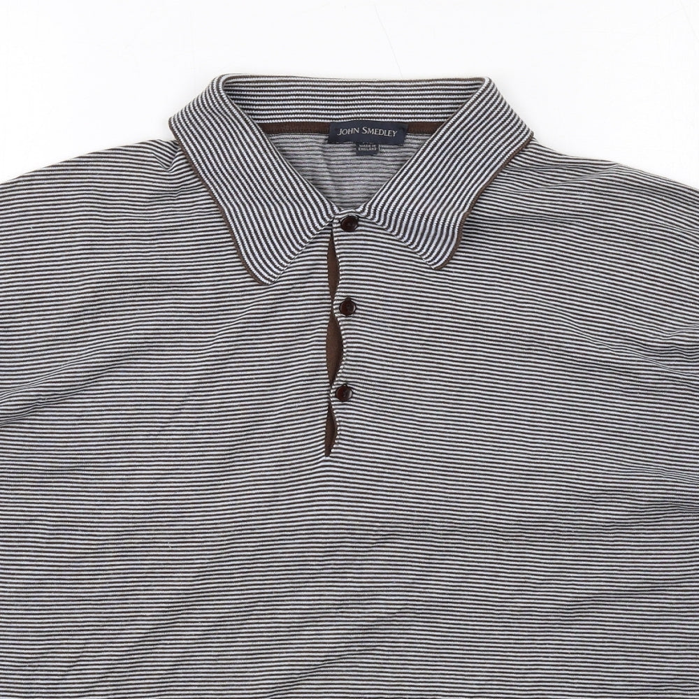 John Smedley Mens Blue Striped Cotton Polo Size XL Collared Button