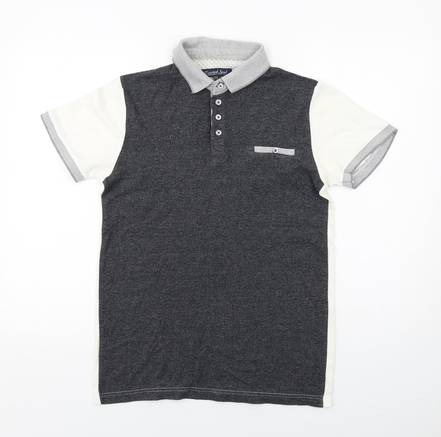 Twisted Soul Mens Grey Colourblock Cotton Polo Size XS Collared Button