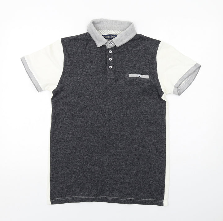 Twisted Soul Mens Grey Colourblock Cotton Polo Size XS Collared Button