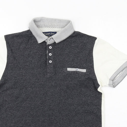 Twisted Soul Mens Grey Colourblock Cotton Polo Size XS Collared Button