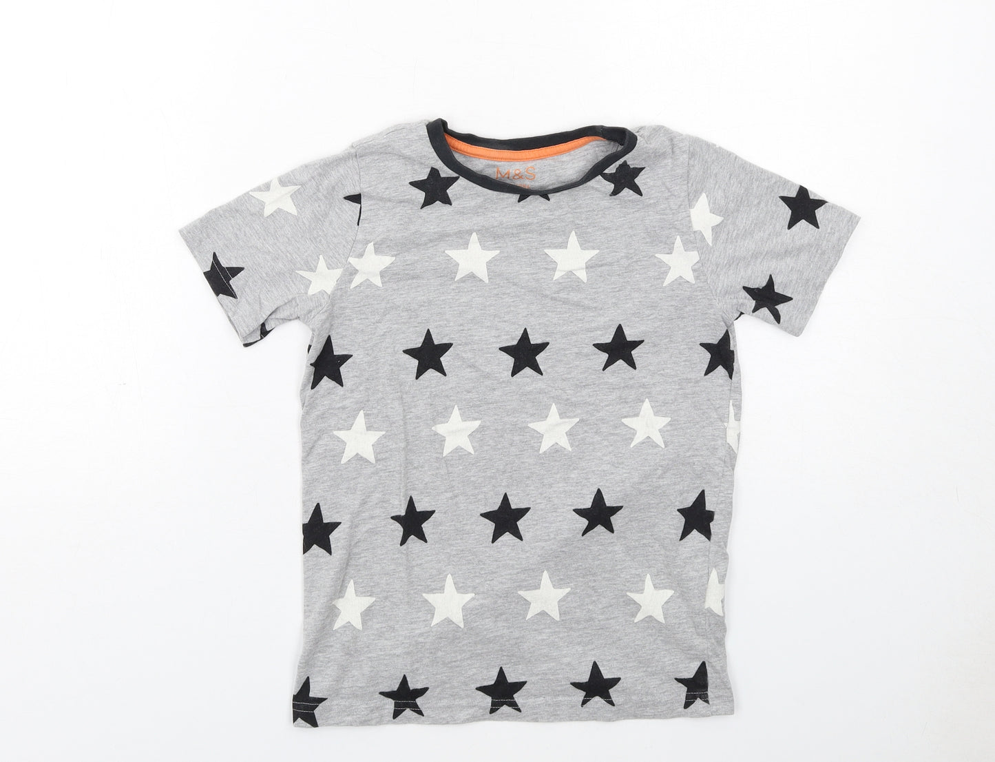 Marks and Spencer Boys Grey Geometric Cotton Basic T-Shirt Size 9-10 Years Crew Neck Pullover - Star Print