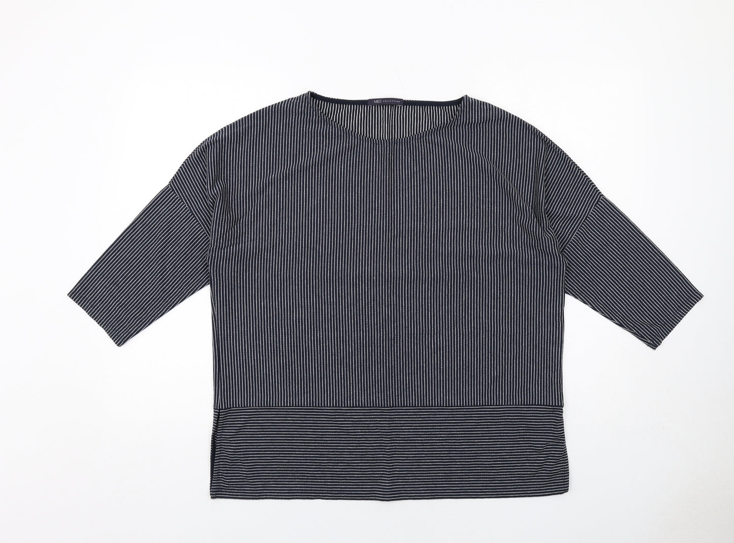 Marks and Spencer Womens Blue Striped Polyester Basic Blouse Size 16 Boat Neck