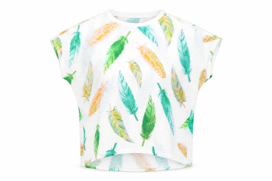 Front view of Paramour women’s multicoloured geometric polyester basic t-shirt, size M, crew neck - leaf print