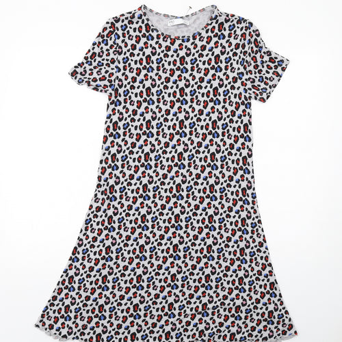 Marks and Spencer Girls Grey Animal Print Viscose T-Shirt Dress Size 13-14 Years Round Neck Pullover - Leopard Print