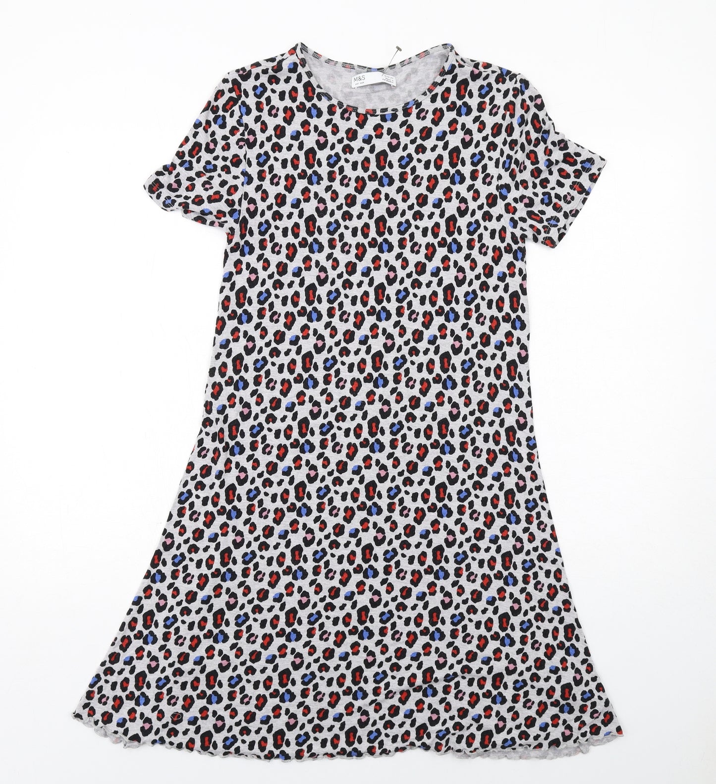 Marks and Spencer Girls Grey Animal Print Viscose T-Shirt Dress Size 13-14 Years Round Neck Pullover - Leopard Print