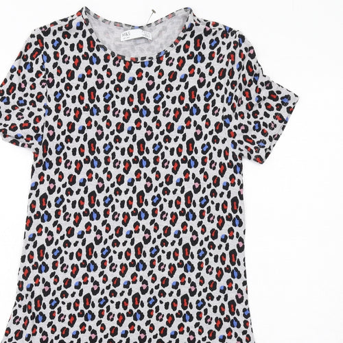Marks and Spencer Girls Grey Animal Print Viscose T-Shirt Dress Size 13-14 Years Round Neck Pullover - Leopard Print