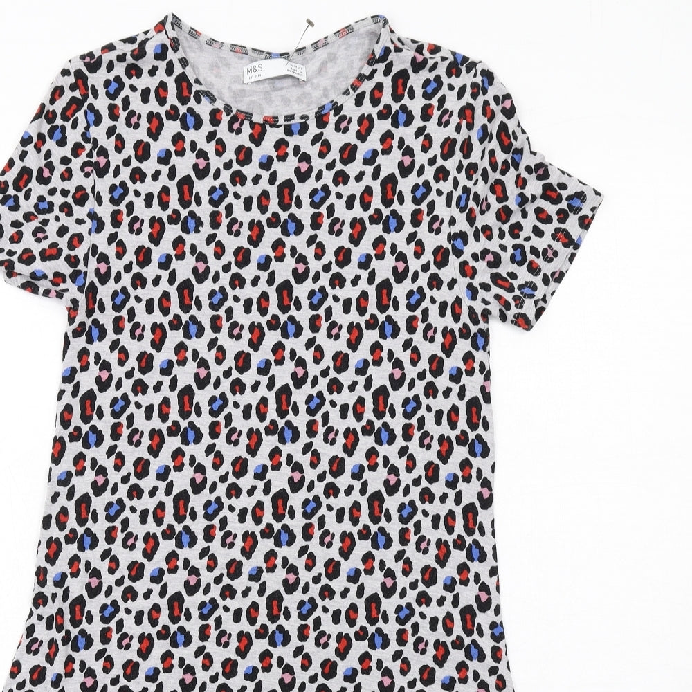 Marks and Spencer Girls Grey Animal Print Viscose T-Shirt Dress Size 13-14 Years Round Neck Pullover - Leopard Print