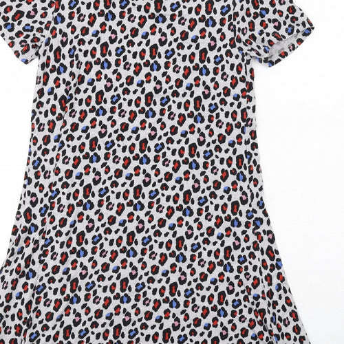 Marks and Spencer Girls Grey Animal Print Viscose T-Shirt Dress Size 13-14 Years Round Neck Pullover - Leopard Print