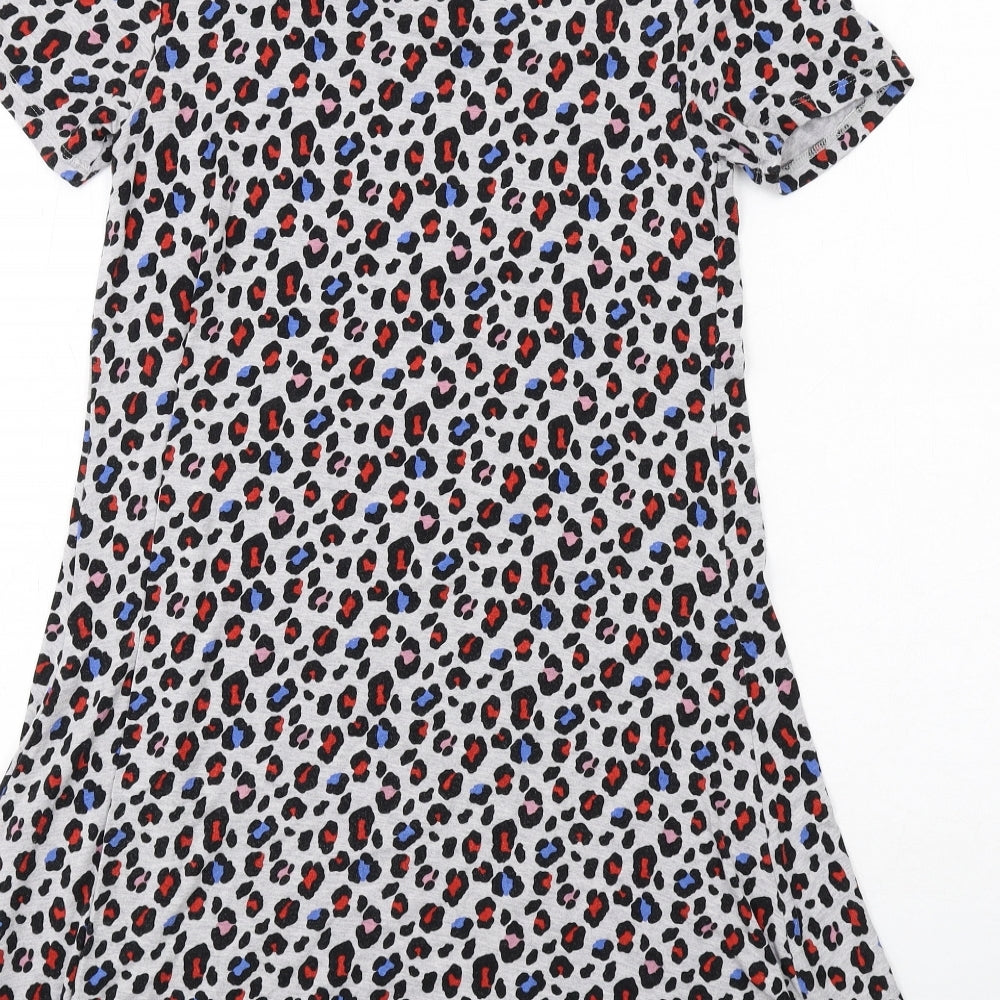 Marks and Spencer Girls Grey Animal Print Viscose T-Shirt Dress Size 13-14 Years Round Neck Pullover - Leopard Print