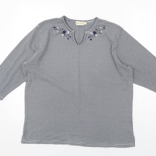 Bonmarché Womens Blue Striped Polyester Basic T-Shirt Size XL V-Neck