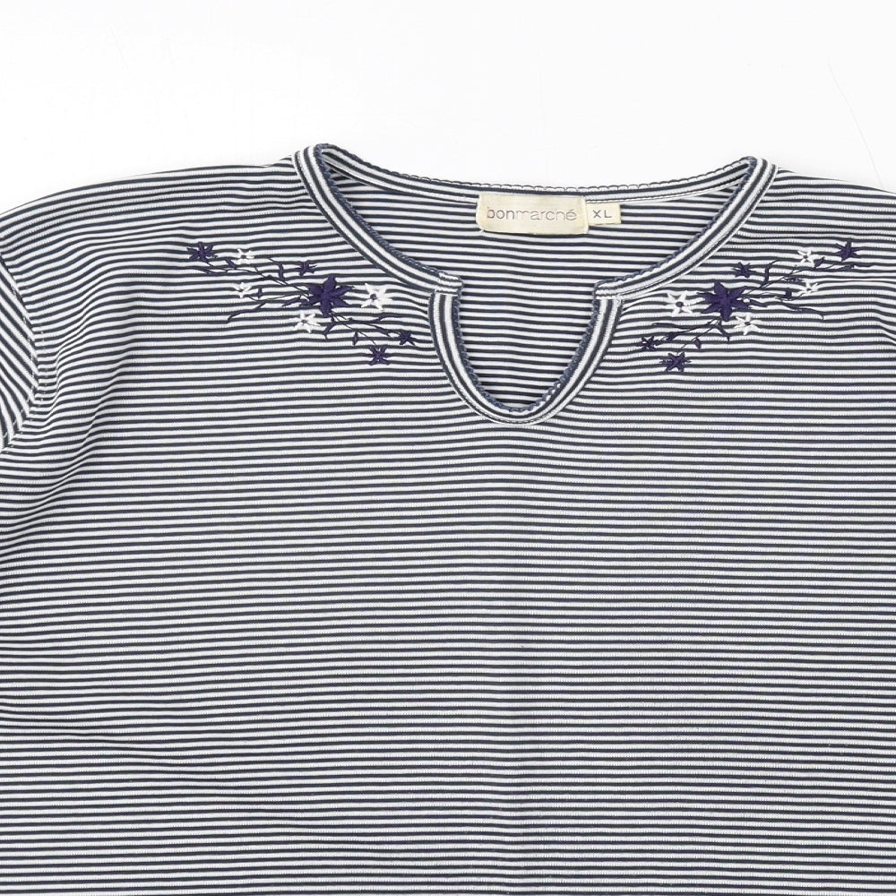 Bonmarché Womens Blue Striped Polyester Basic T-Shirt Size XL V-Neck