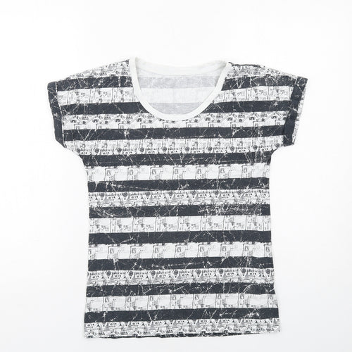 Marks and Spencer Womens Black Geometric Cotton Basic T-Shirt Size 6 Round Neck