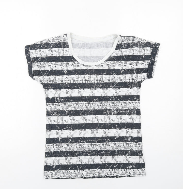 Marks and Spencer Womens Black Geometric Cotton Basic T-Shirt Size 6 Round Neck
