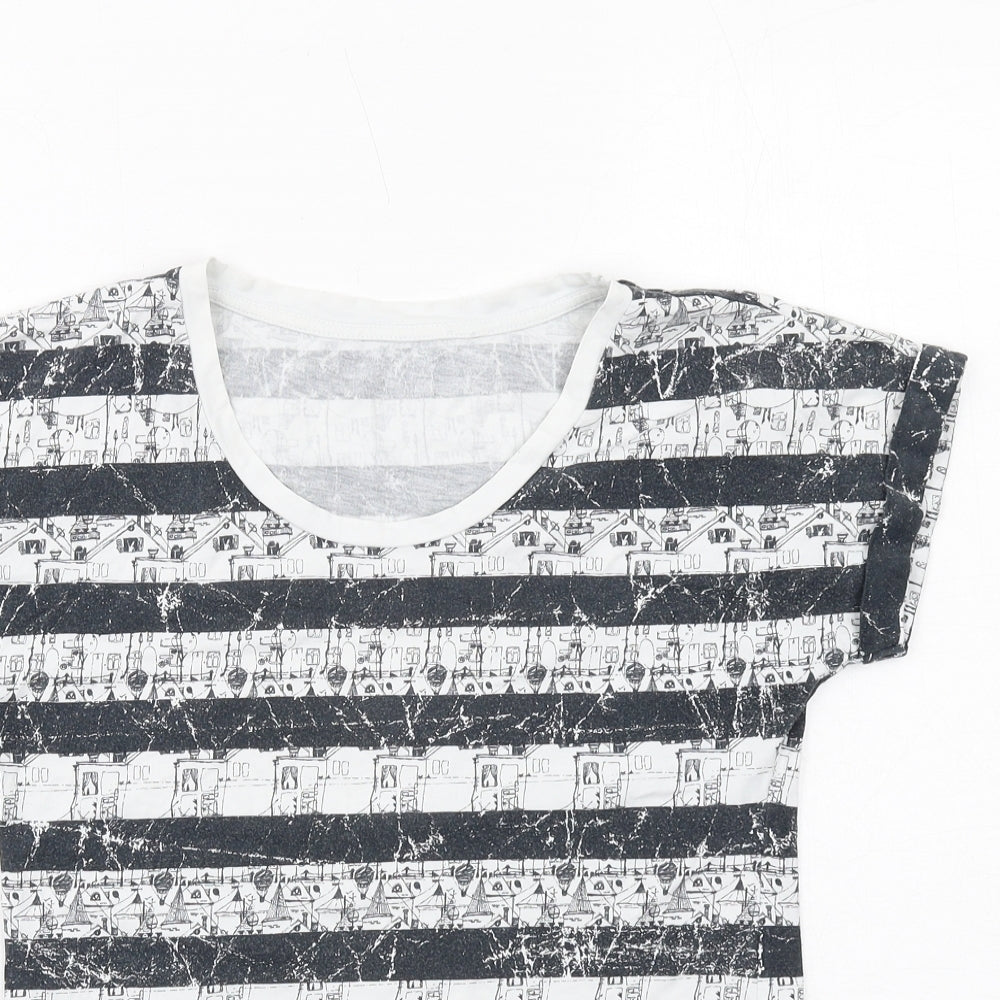 Marks and Spencer Womens Black Geometric Cotton Basic T-Shirt Size 6 Round Neck