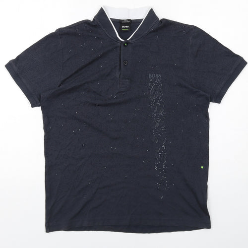 HUGO BOSS Mens Black Geometric Cotton Polo Size M Collared Button