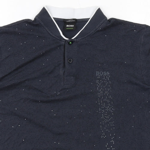 HUGO BOSS Mens Black Geometric Cotton Polo Size M Collared Button