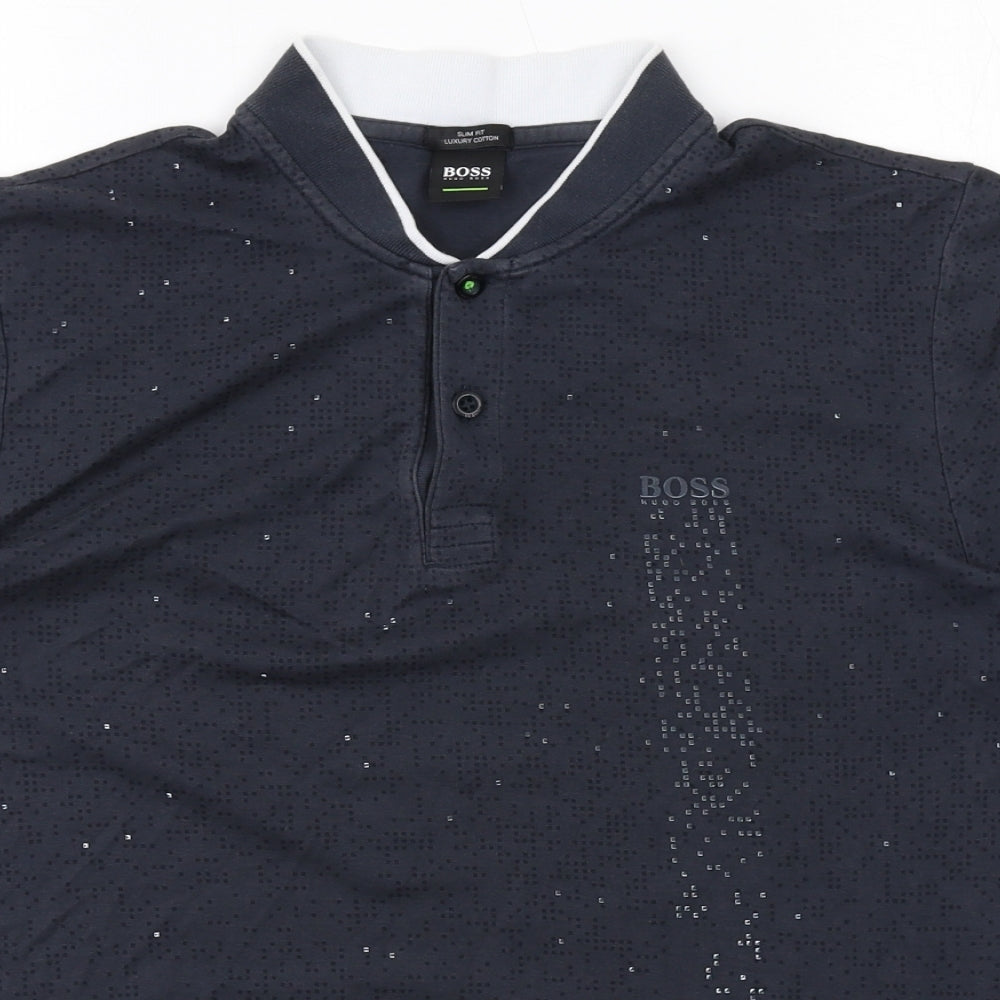 HUGO BOSS Mens Black Geometric Cotton Polo Size M Collared Button