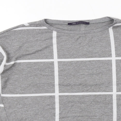Marks and Spencer Womens Grey Check Viscose Basic T-Shirt Size 10 Round Neck