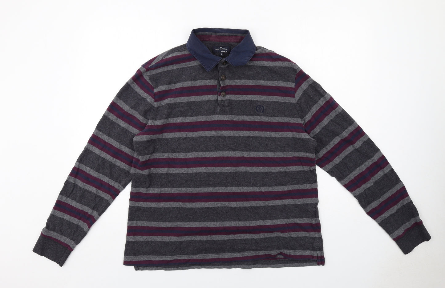 Blue Harbour Mens Grey Striped Cotton Polo Size M Collared Button