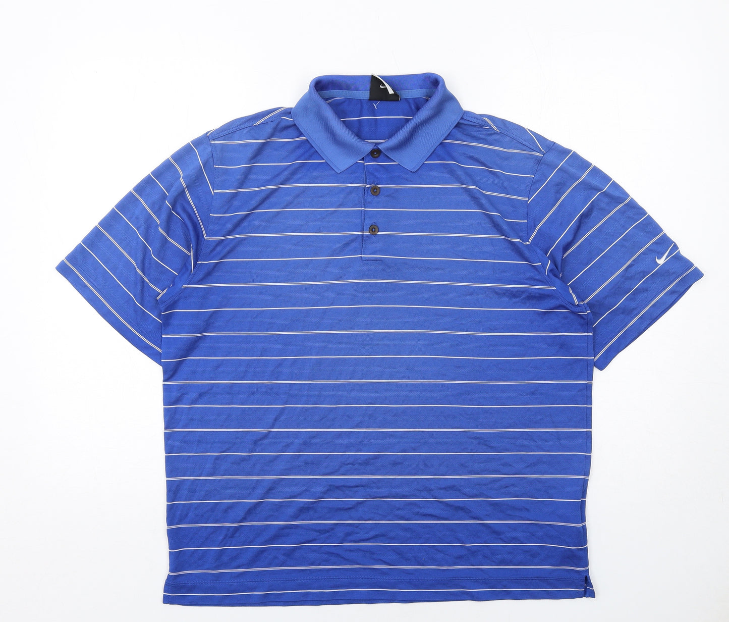 Nike Mens Blue Striped Polyester Basic Polo Size M Collared Button