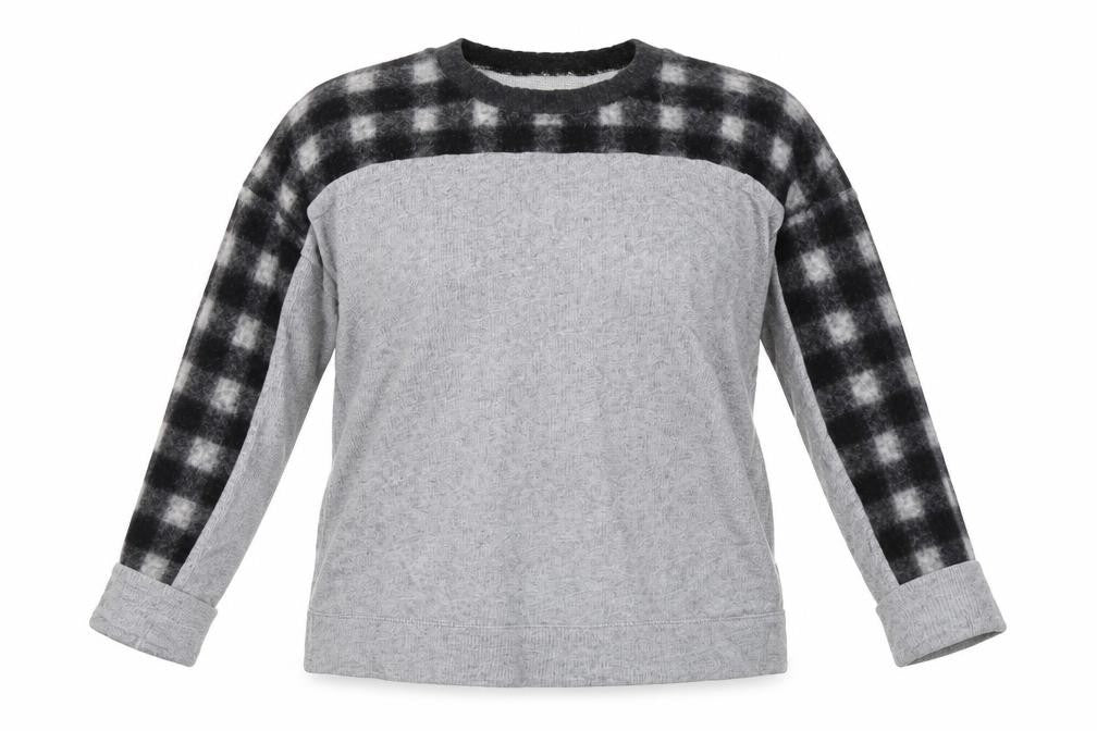 Front view of Madewell women’s grey check cotton full zip sweatshirt, size S, pullover
