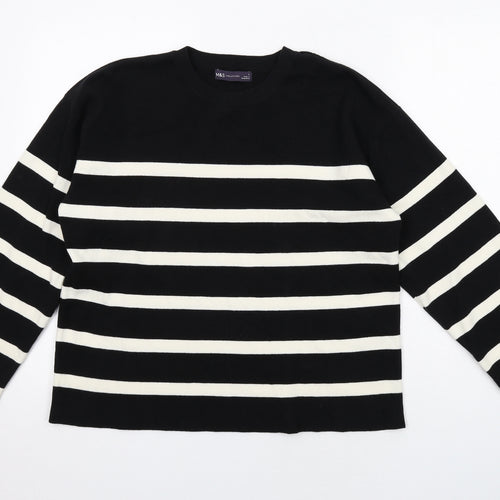 Marks and Spencer Womens Black Round Neck Striped Cotton Pullover Jumper Size L