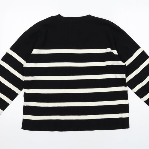 Marks and Spencer Womens Black Round Neck Striped Cotton Pullover Jumper Size L
