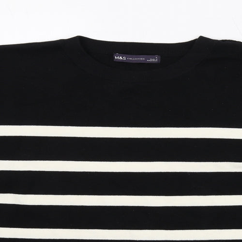 Marks and Spencer Womens Black Round Neck Striped Cotton Pullover Jumper Size L