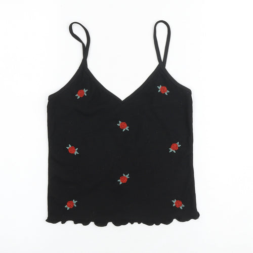 New Look Womens Black Floral Polyester Cropped Tank Size 10 V-Neck - Lettuce Hem