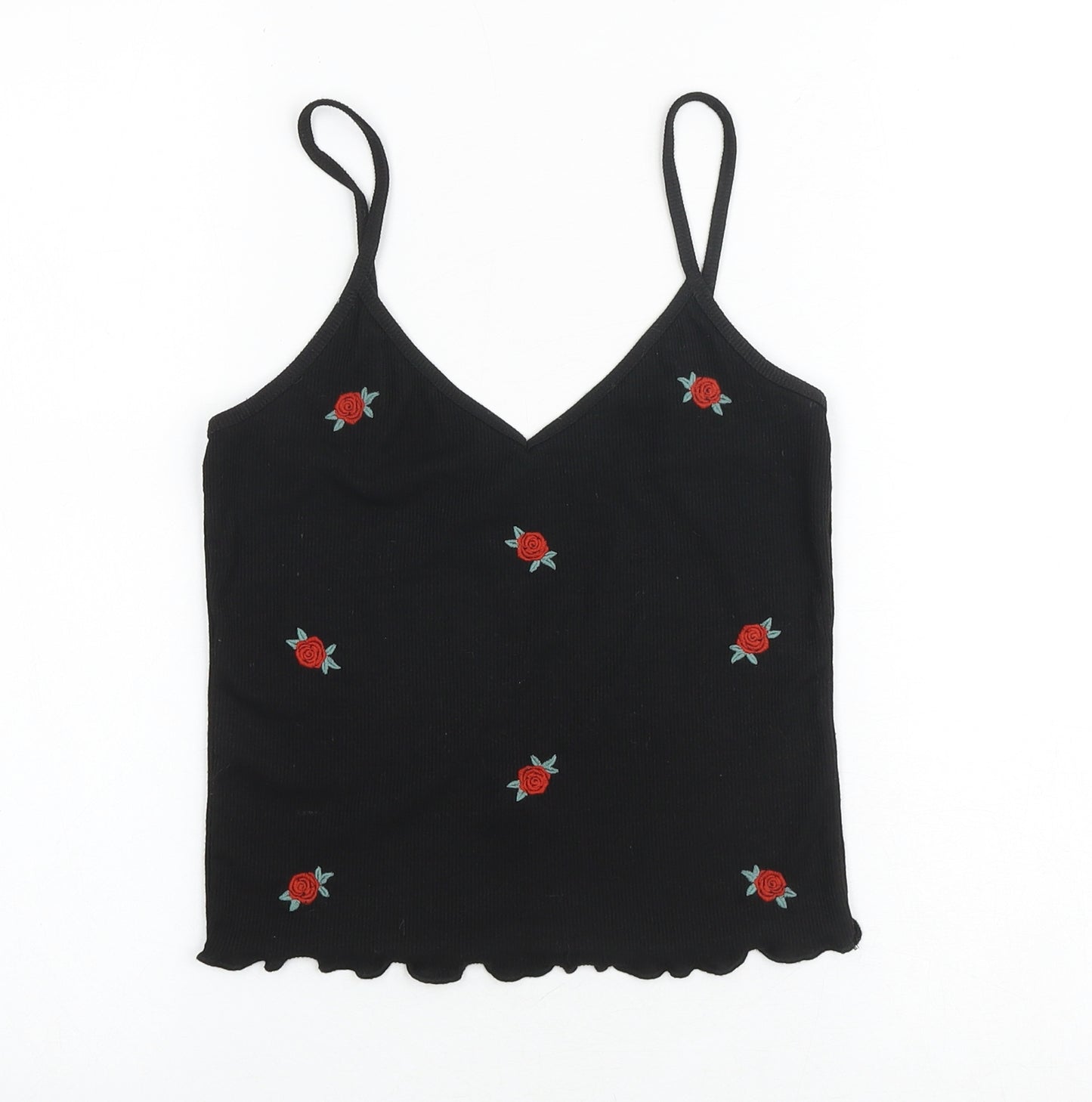 New Look Womens Black Floral Polyester Cropped Tank Size 10 V-Neck - Lettuce Hem