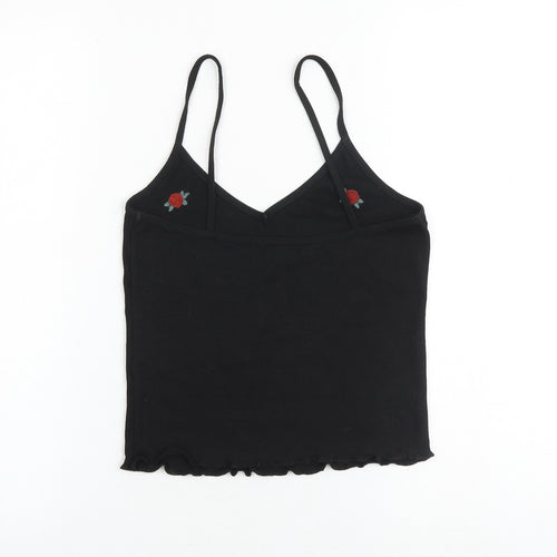 New Look Womens Black Floral Polyester Cropped Tank Size 10 V-Neck - Lettuce Hem