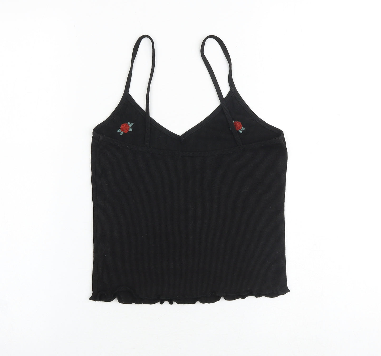 New Look Womens Black Floral Polyester Cropped Tank Size 10 V-Neck - Lettuce Hem