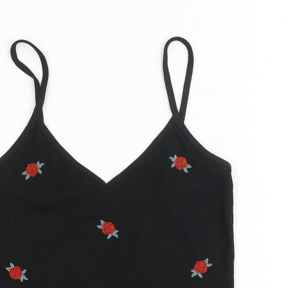 New Look Womens Black Floral Polyester Cropped Tank Size 10 V-Neck - Lettuce Hem
