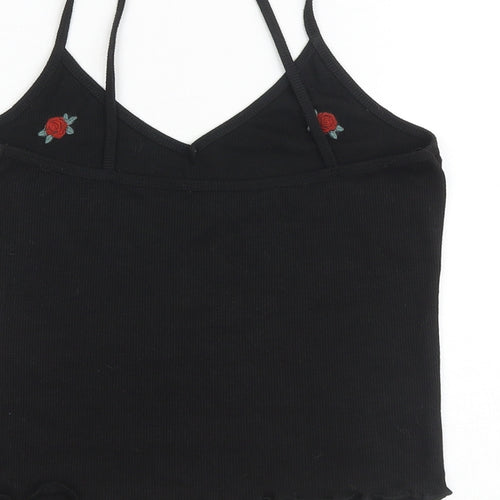 New Look Womens Black Floral Polyester Cropped Tank Size 10 V-Neck - Lettuce Hem