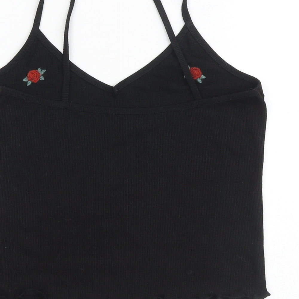 New Look Womens Black Floral Polyester Cropped Tank Size 10 V-Neck - Lettuce Hem