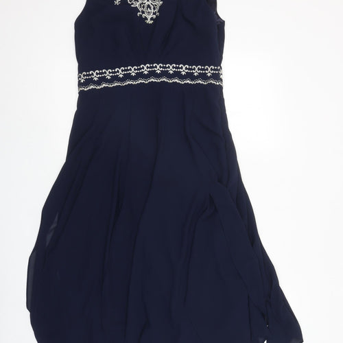 Monsoon Womens Blue Geometric Polyester Ball Gown Size 10 Round Neck Zip