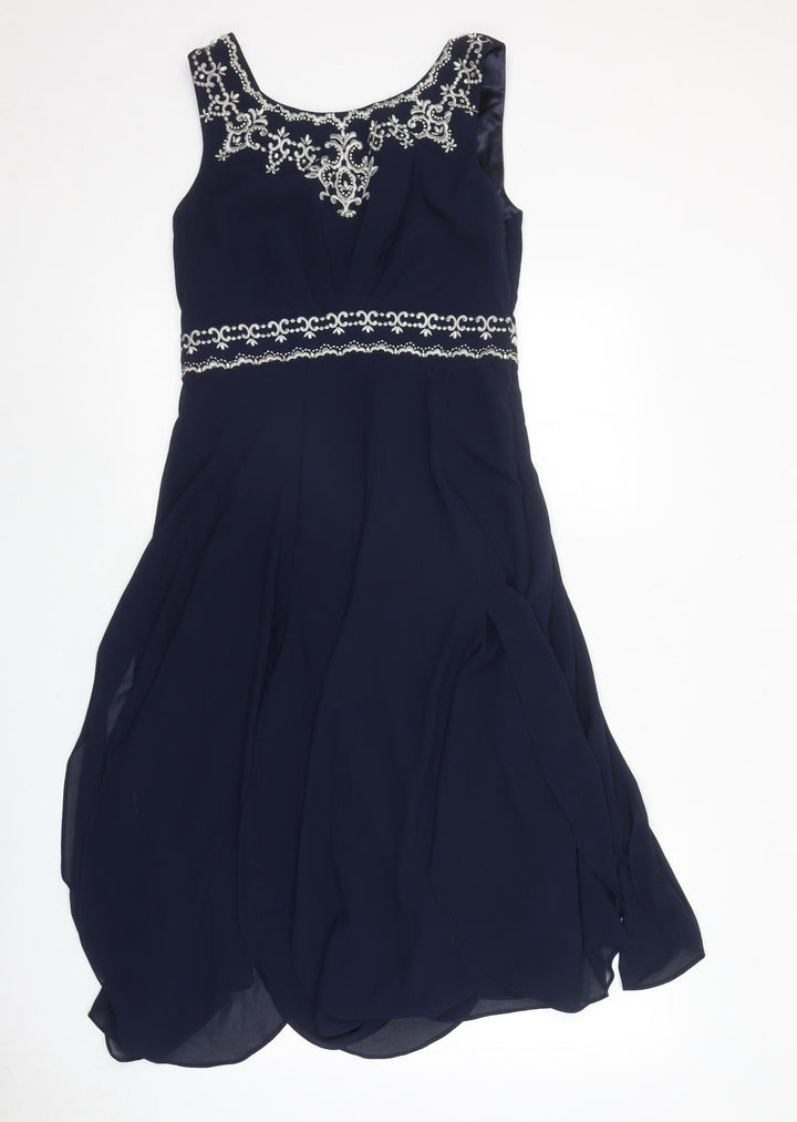 Monsoon Womens Blue Geometric Polyester Ball Gown Size 10 Round Neck Zip