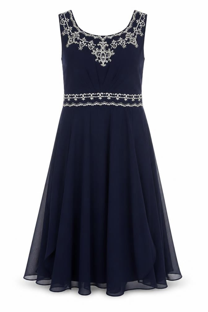 Front view of Monsoon women’s blue geometric polyester ball gown, size UK 10, round neck zip