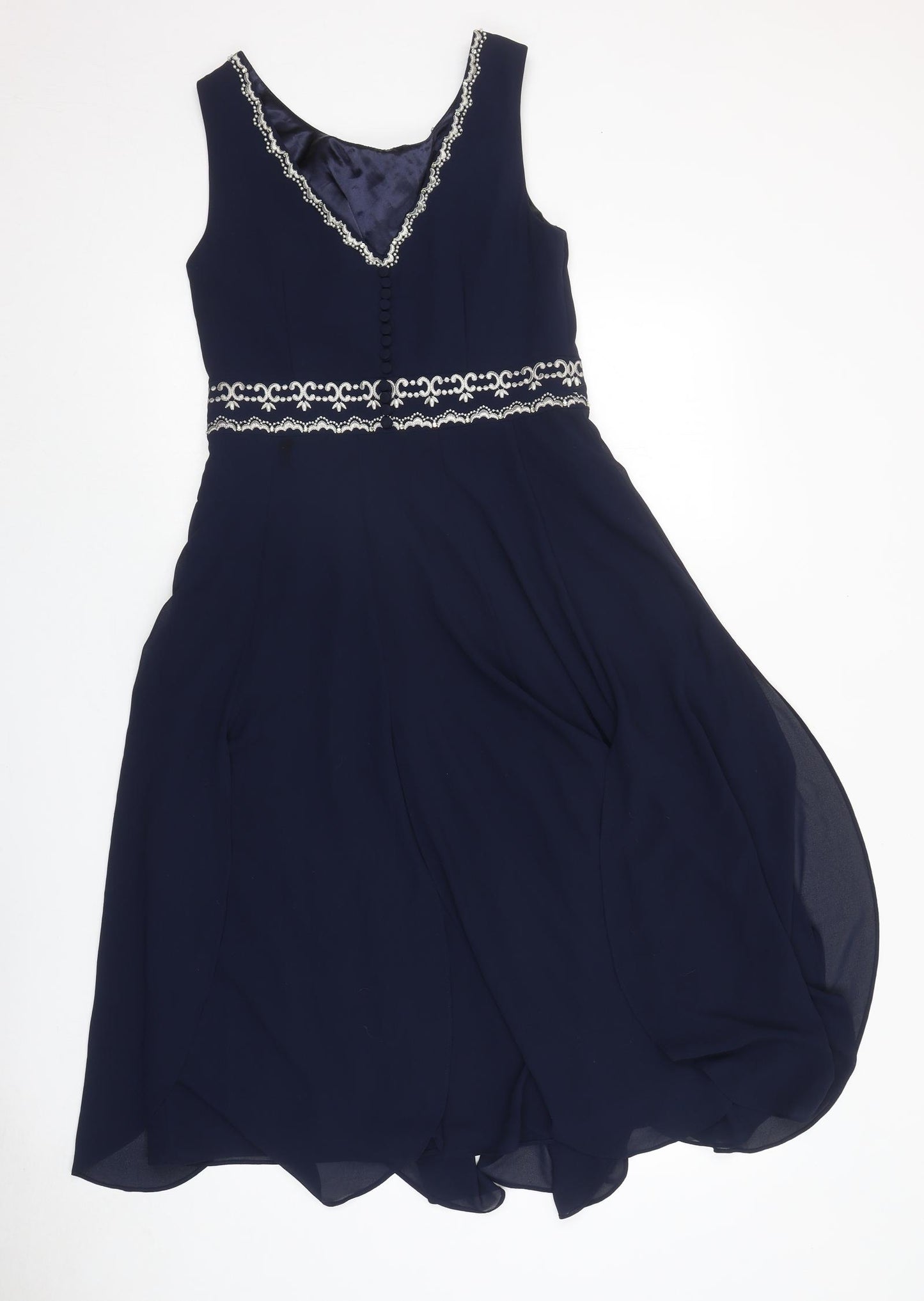 Monsoon Womens Blue Geometric Polyester Ball Gown Size 10 Round Neck Zip