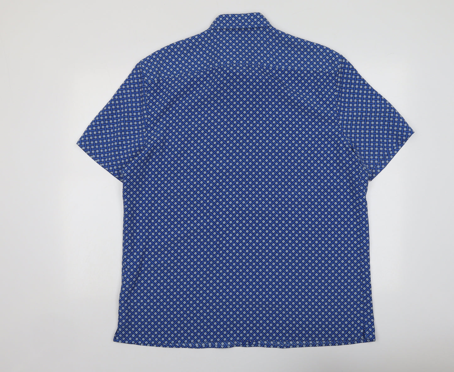 Marks and Spencer Mens Blue Geometric Polyester Button-Up Size XL Collared Button