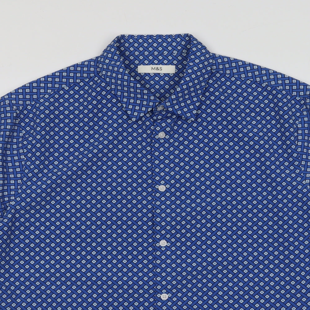 Marks and Spencer Mens Blue Geometric Polyester Button-Up Size XL Collared Button